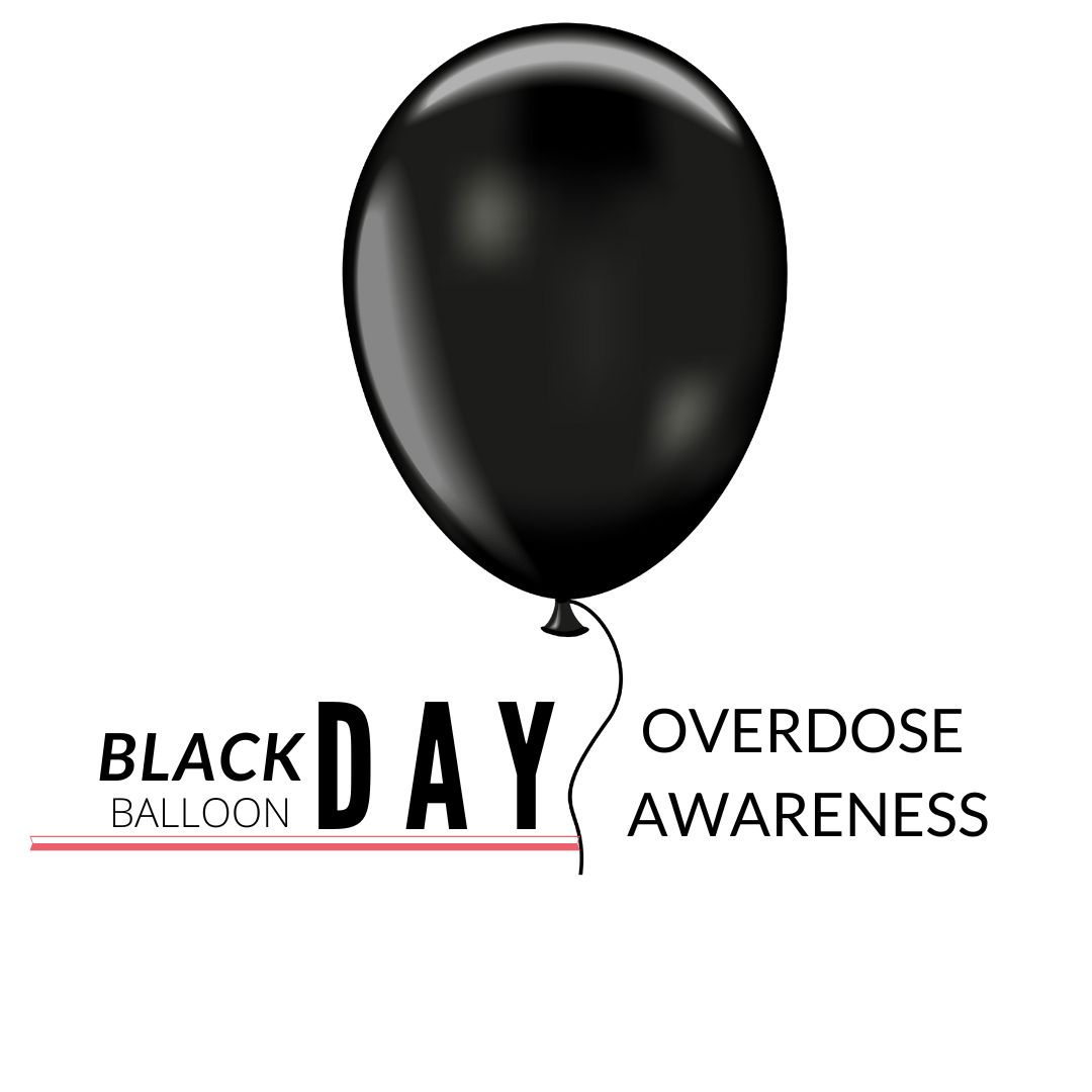 Black Balloon with overdose awareness written underneath