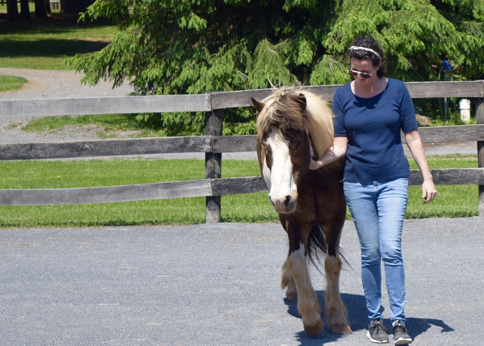 Jamie Eation, founder of Living Through Loss, leads a horse during an equine therapy session.