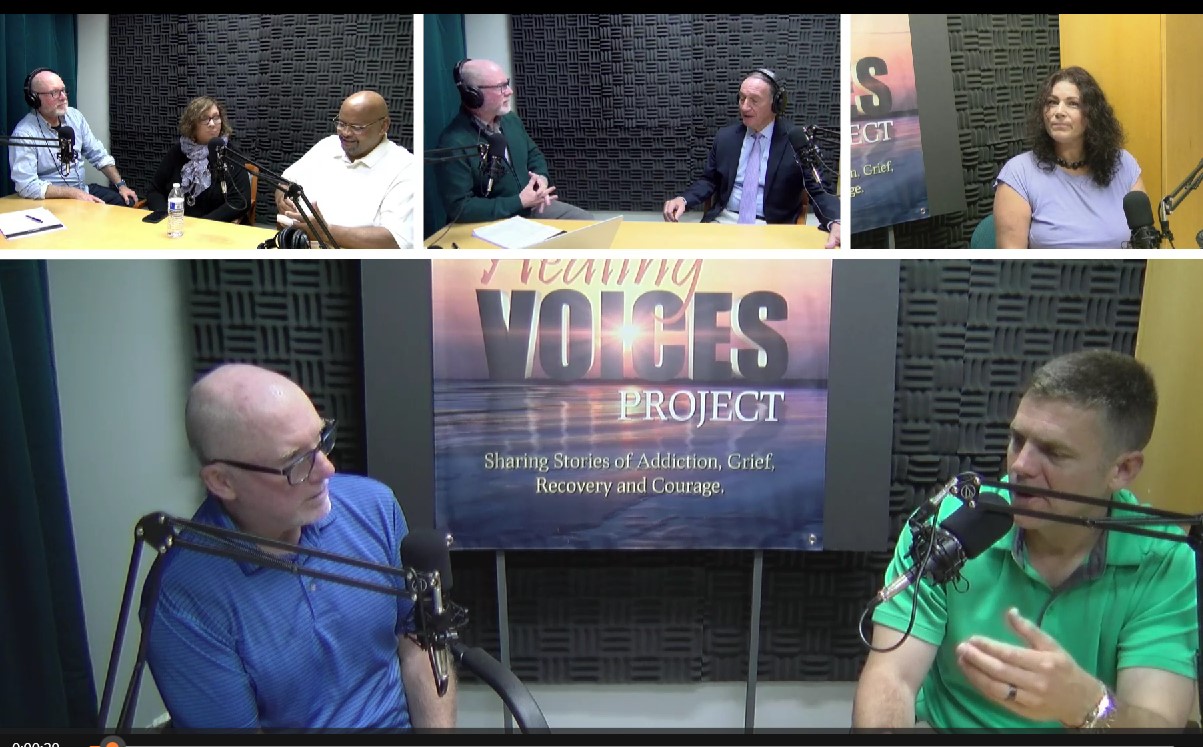 Mike Tourville, bottom left, interviewing various guests on the Healing Voices Project Podcast.