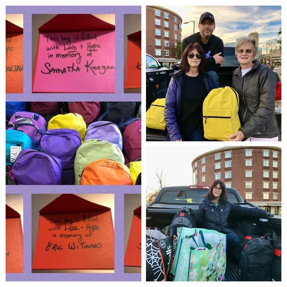 Clockwise, from left: assembled backpacks; Elaine Mitrano, Steven Magalhaes, and Judy Kelly in Boston; and Elaine Mitrano with her care packages