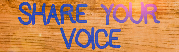 Handwriting text Share Your Voice placed above a wooden classic table backdrop